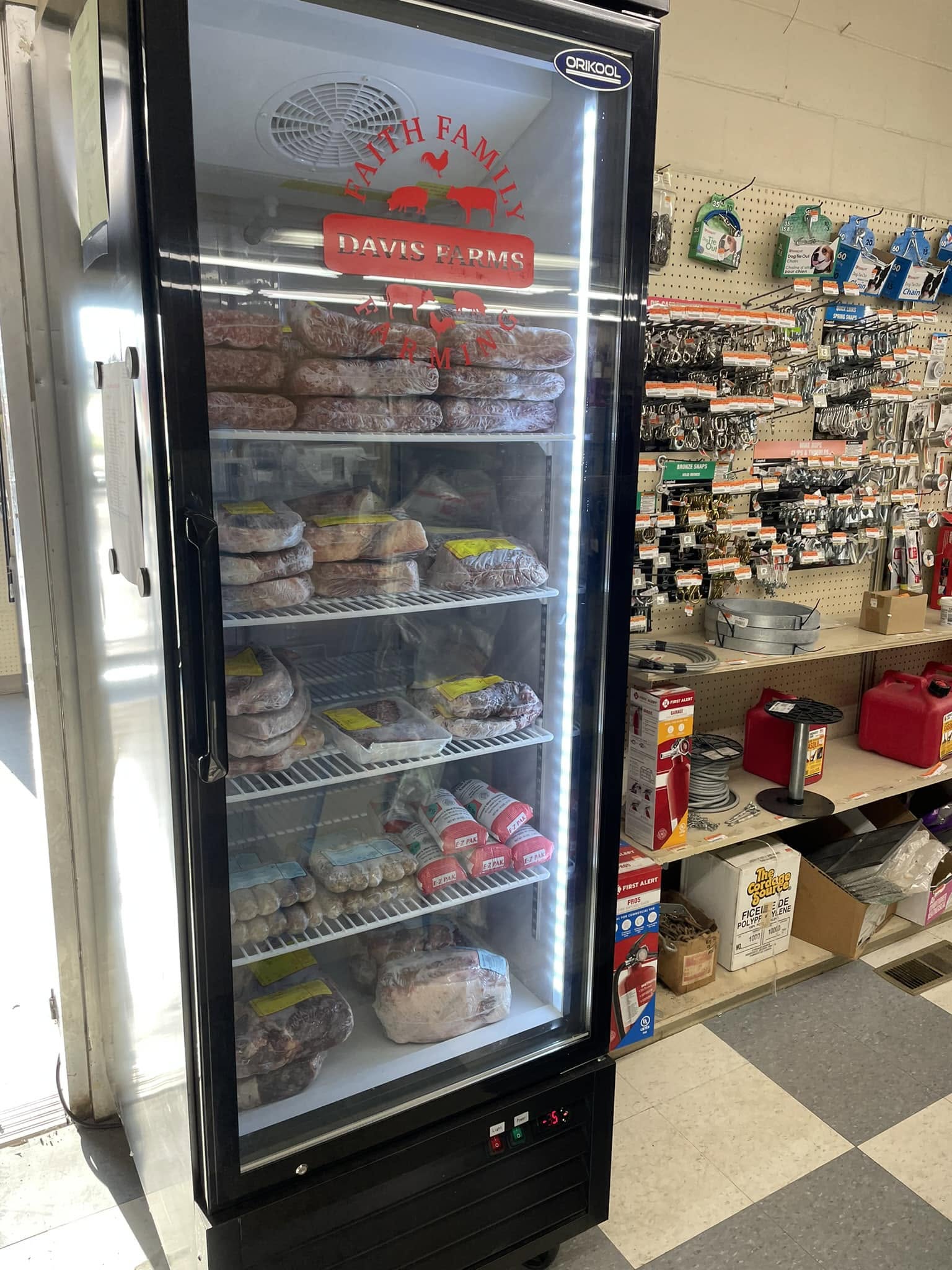 Davis Farms beef in the freezer at Rash Hardware